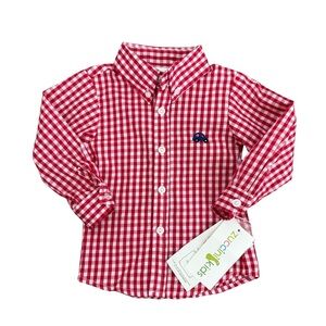 NWT Zucchini Kids Red Gingham Check Button-Down Shirt with Car Embroidery | 18M